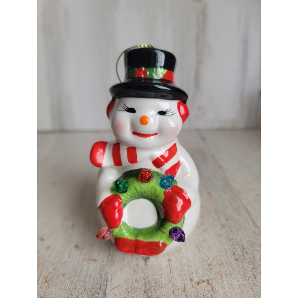 Mr Christmas vintage snowman light up wreath ornament Xmas ceramic